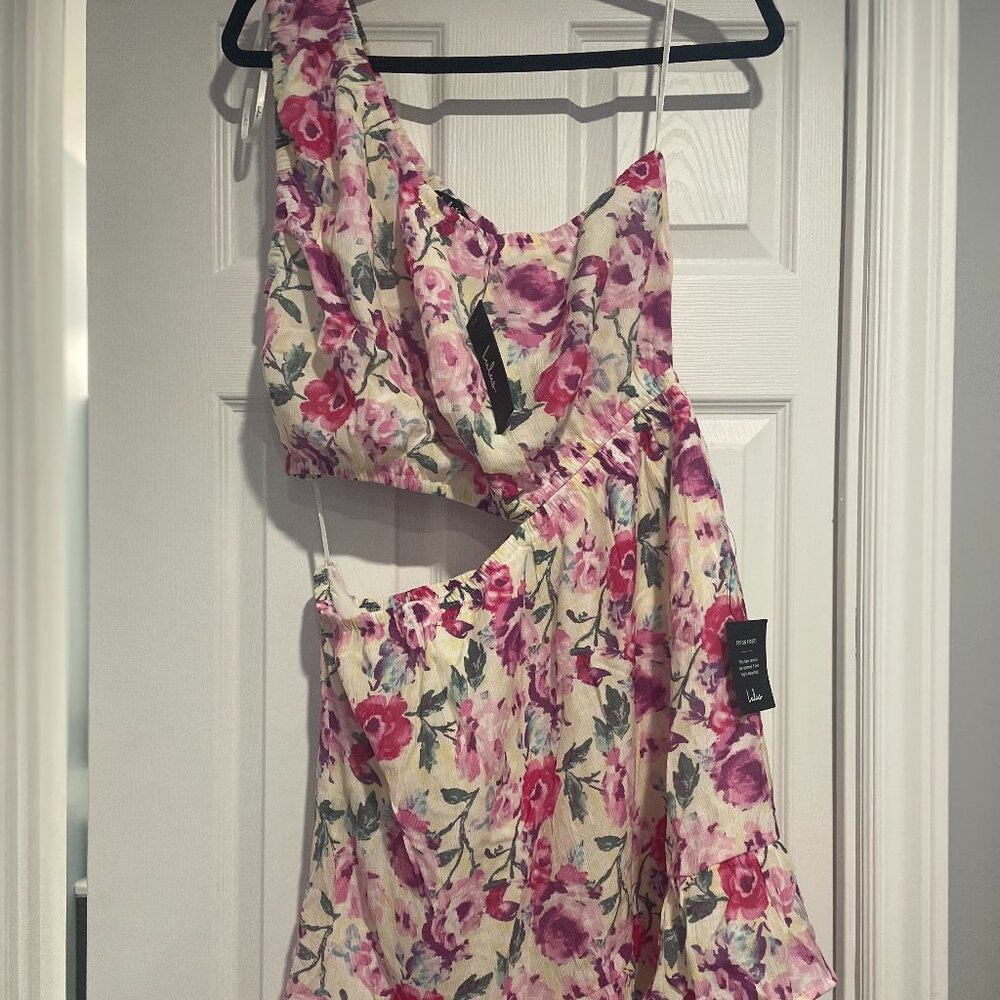 Lulu's One-Shoulder Floral Cutout Dress in Cream with Pink & Green Florals